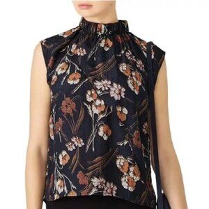 Derek Lam Jacquard Floral Mock Neck Blouse Sleeveless Drape Wrap Accent Silk 8